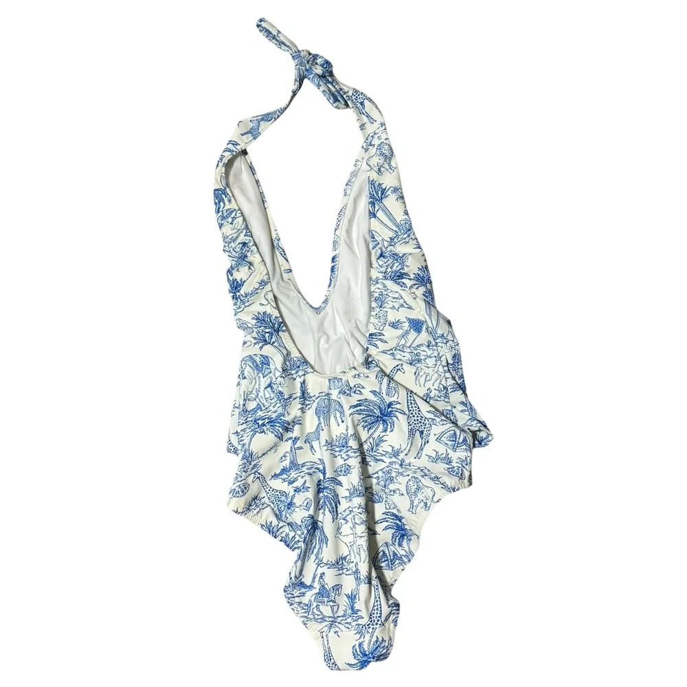 Tory Burch Safari Toile Tie front Plunge Halter One Piece Swimsuit Sz M Animal